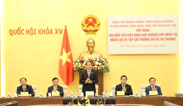 PHÓ CHỦ TỊCH QUỐC HỘI TRẦN QUANG PHƯƠNG TIẾP ĐOÀN ĐẠI BIỂU VIỆN KHOA HỌC NGHIÊN CỨU NHÂN TÀI, NHÂN LỰC VÀ TẠP CHÍ THƯƠNG GIA VÀ THỊ TRƯỜNG